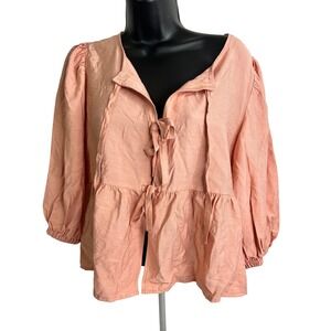 A New Day Shirt Womens Medium Pink Coral Elbow Sleeve Tie Front‎ Peplum Top